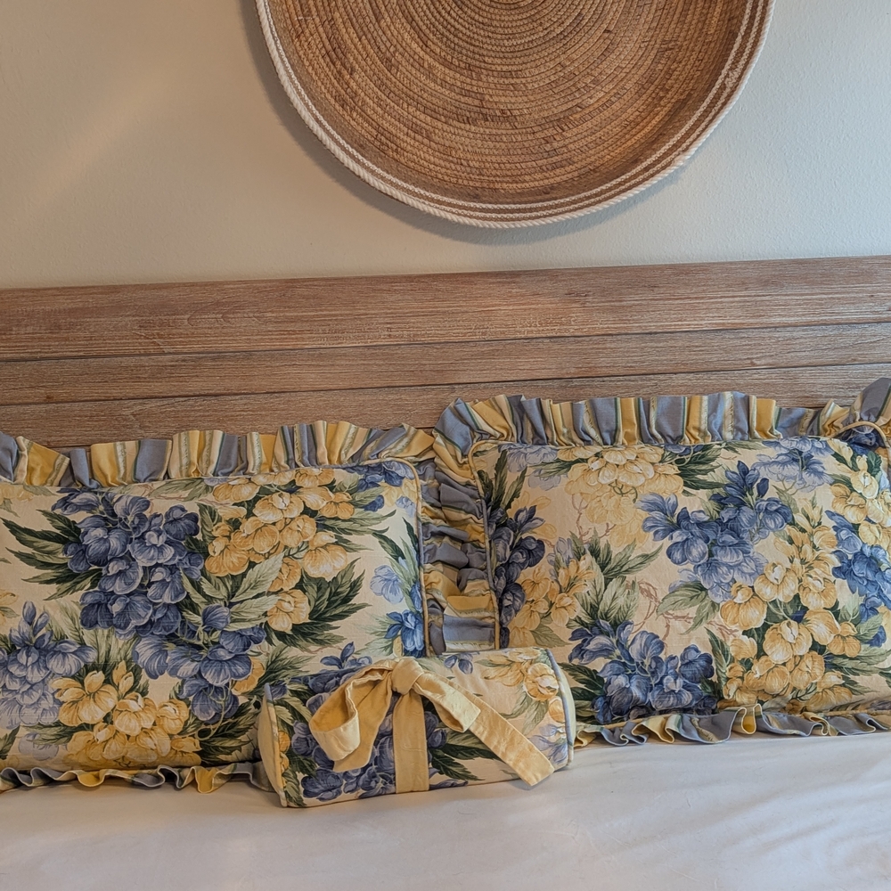 Custom Made Floral Pillow Sham Set with Ruffles and Matching Bolster Pillow